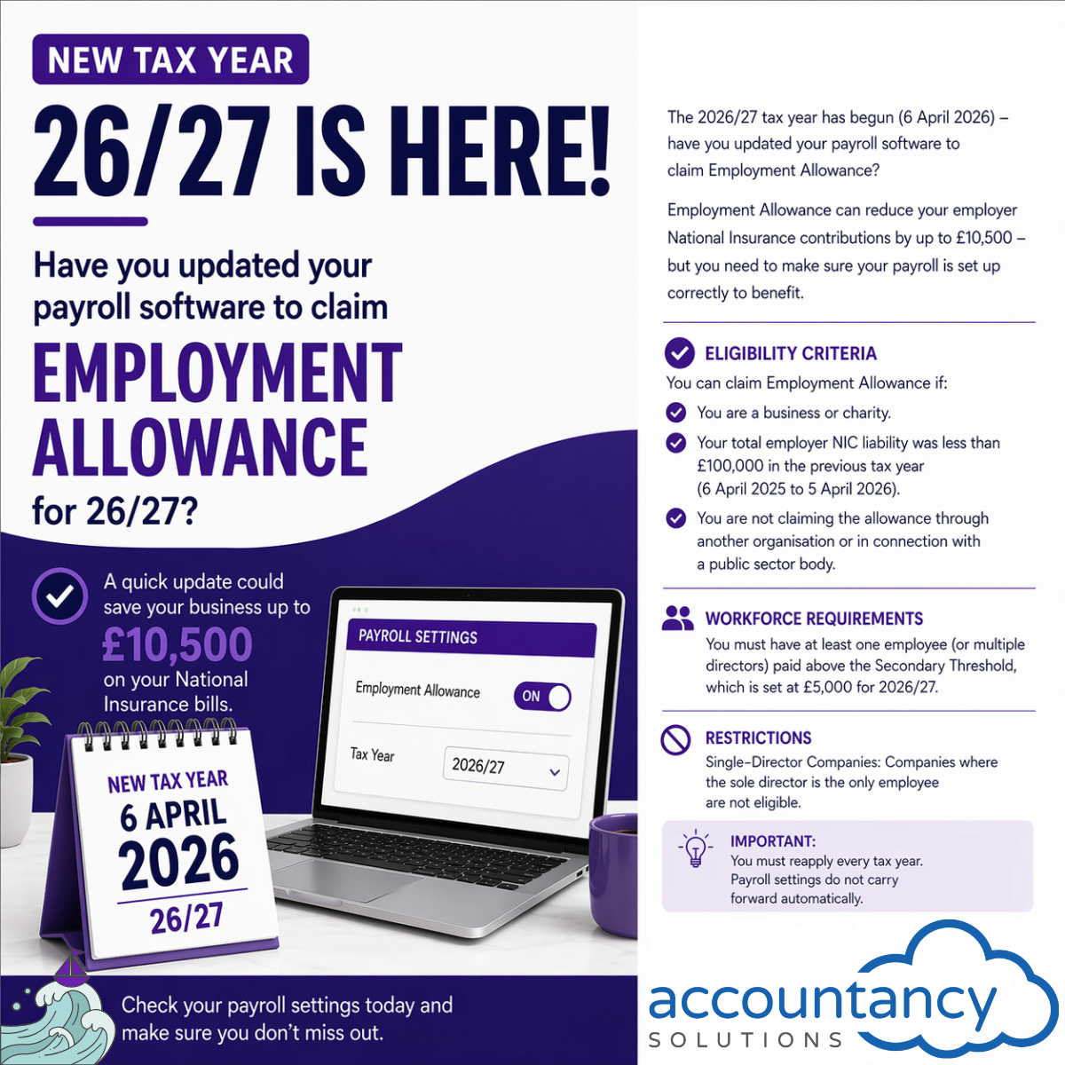 Employment Allowance 2026 guide from Accountancy Solutions, Portchester accountants explaining how businesses can claim up to £10,500 Employment Allowance against employer National Insurance contributions.